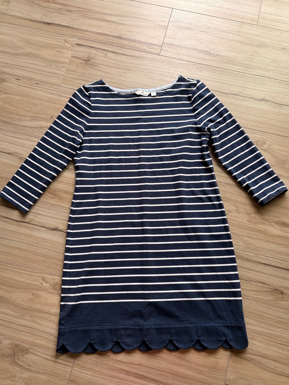 Vineyard Vines Navy and White Striped Boatneck Dress with Scalloped Hem